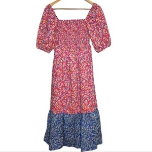 NWT House of Harlow 100% Cotton Smocked Pink Blue Floral Midi Dress XS